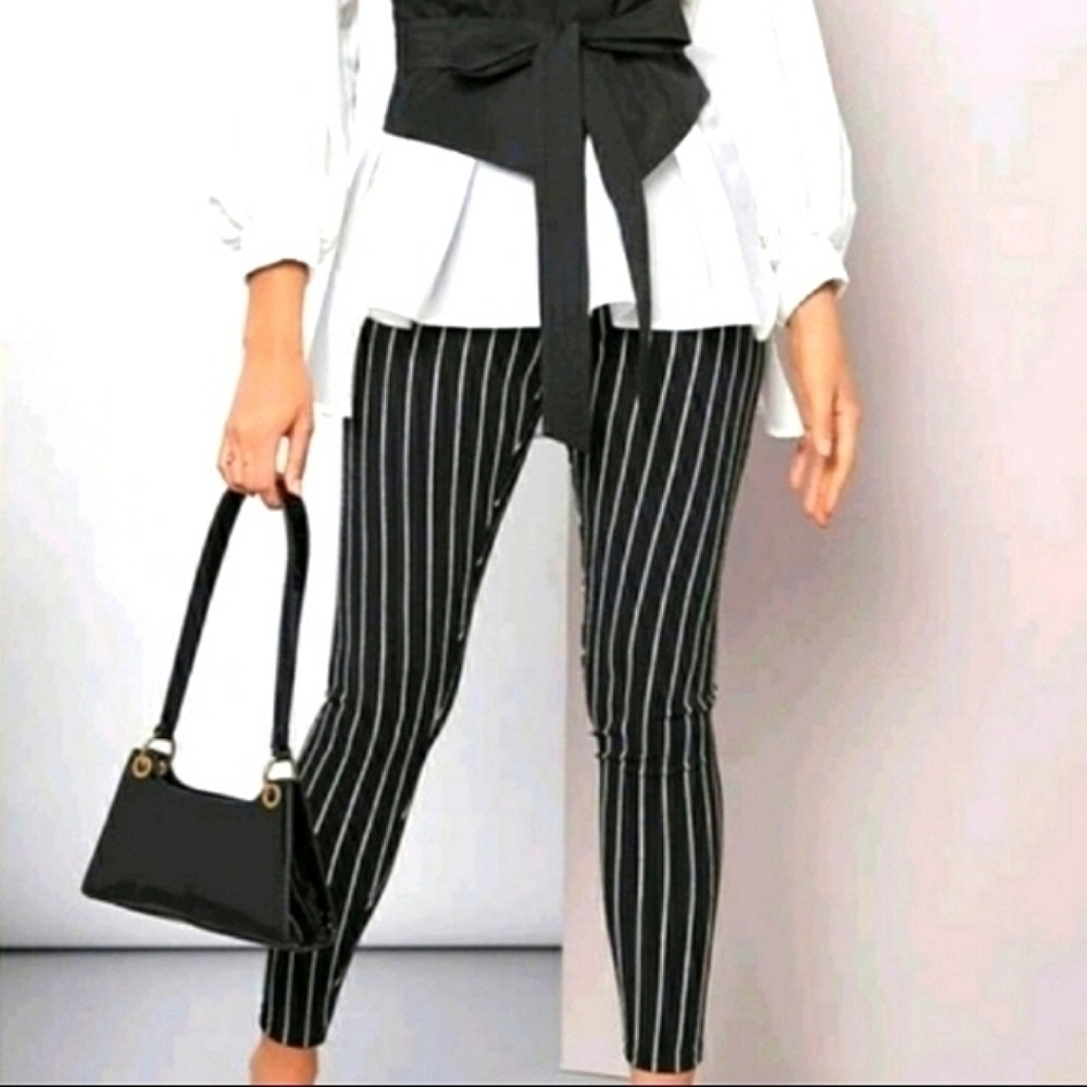 High Waisted Striped Stretch Legging Pant Slim Fit Crop Ankle Elastic Waist New